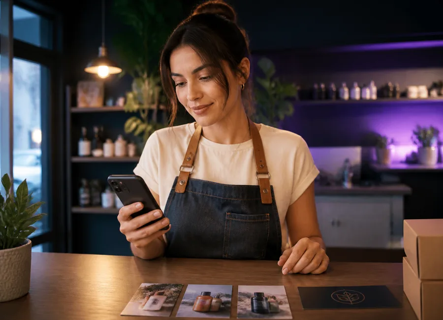 Dueña de negocio enviando información desde su teléfono